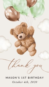 Teddy Bear with Green Balloons Birthday Rectangle Favor Tags, Printable File, SH71: Teddy Bear with Green Balloons First Birthday Favor Tags