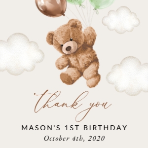 Teddy Bear with Green Balloons Birthday Square Favor Tags, Printable File, SH71: Teddy Bear with Green Balloons First Birthday Favor Tags