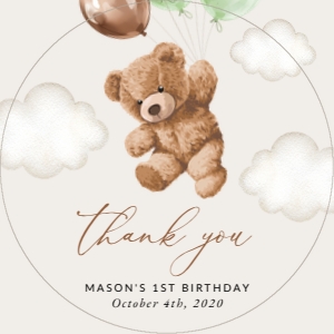 Teddy Bear with Green Balloons Birthday Circle Favor Tags, Printable File, SH71: Teddy Bear with Green Balloons First Birthday Favor Tags