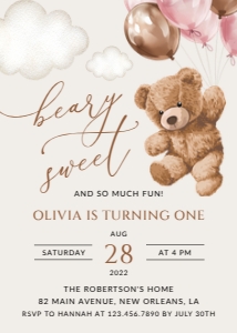 Teddy Bear with Pink Balloons First Birthday Invitation, Girl Birthday, Printable File, SH72: Teddy Bear with Pink Balloons First Birthday Invitation