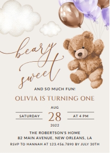 Teddy Bear with Purple Balloons First Birthday Invitation design preview