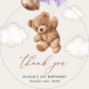 Teddy Bear with Purple Balloons First Birthday Favor Tags design preview