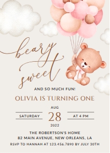 Baby Bear with Pink Balloons First Birthday Invitation design preview