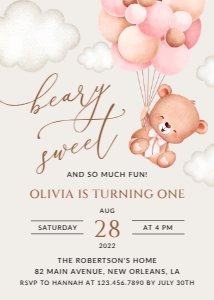 Baby Bear with Pink Balloons First Birthday Invitation, Girl Birthday, Printable File, SH74: Baby Bear with Pink Balloons First Birthday Invitation