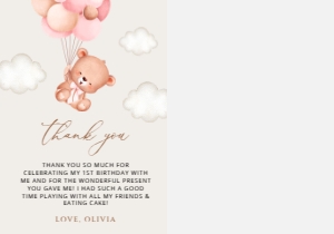 Baby Bear with Pink Balloons Thank You Card With Photo, Girl Birthday, SH74: Baby Bear with Pink Balloons First Birthday Mini Bundle