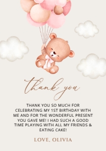 Baby Bear with Pink Balloons Thank You Card, Girl Birthday, SH74: Baby Bear with Pink Balloons First Birthday Mini Bundle