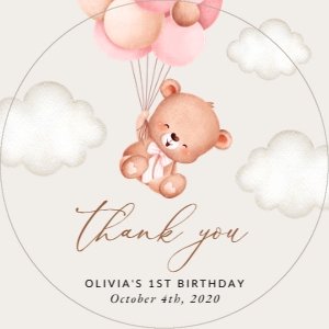 Baby Bear with Pink Balloons Birthday Circle Favor Tags, Printable File, SH74: Baby Bear with Pink Balloons First Birthday Mini Bundle