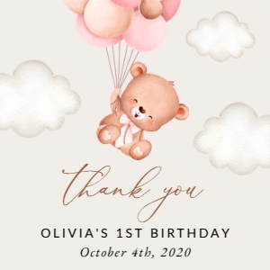 Baby Bear with Pink Balloons Birthday Square Favor Tags, Printable File, SH74: Baby Bear with Pink Balloons First Birthday Mini Bundle