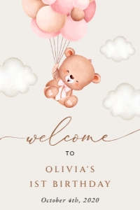 Baby Bear with Pink Balloons Welcome Sign, Birthday Sign, Printable File, SH74, 24x36: Baby Bear with Pink Balloons First Birthday Mini Bundle