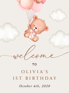 Baby Bear with Pink Balloons Welcome Sign, Birthday Sign, Printable File, SH74, 18x24: Baby Bear with Pink Balloons First Birthday Mini Bundle