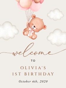 Baby Bear with Pink Balloons Welcome Sign - First Birthday Sign design preview