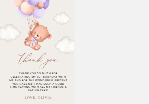 Baby Bear and Purple Balloons First Birthday Thank You Card design preview
