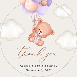 Baby Bear and Purple Balloons First Birthday Favor Tags design preview