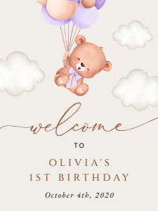 Baby Bear with Purple Balloons Welcome Sign - First Birthday Sign design preview