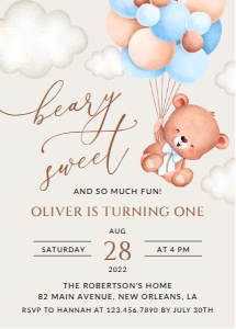 Baby Bear with Blue Balloons First Birthday Invitation design preview