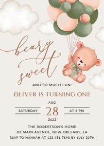 Baby Bear with Green Balloons First Birthday Invitation, Boy Birthday, Printable File, SH77: Baby Bear with Green Balloons First Birthday Invitation