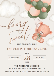 Baby Bear with Green Balloons First Birthday Invitation design preview