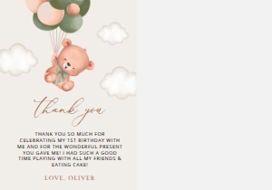 Baby Bear with Green Balloons First Birthday Thank You Card design preview