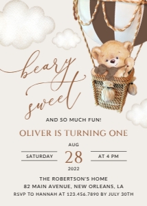 Bear in Brown Balloon First Birthday Invitation, Boy Birthday, Printable File, SH79: Teddy Bear in Brown Balloon First Birthday Invitation