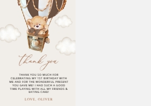 Bear in Brown Balloon Thank You Card With Photo, Boy Birthday, SH79: Teddy Bear in Brown Balloon First Birthday Thank You Card