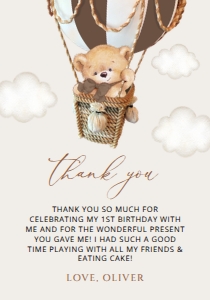 Teddy Bear in Brown Balloon First Birthday Thank You Card design preview