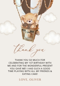 Bear in Brown Balloon Thank You Card, Boy Birthday, SH79: Teddy Bear in Brown Balloon First Birthday Thank You Card