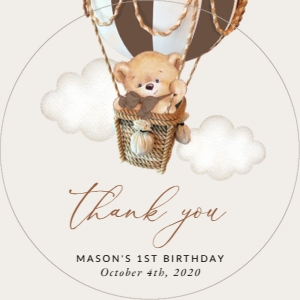 Bear in Brown Balloon Birthday Circle Favor Tags, Printable File, SH79: Teddy Bear in Brown Balloon First Birthday Favor Tags
