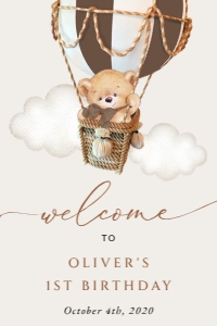 Bear in Brown Balloon Welcome Sign, Birthday Sign, Printable File, SH79, 24x36: Teddy Bear in Brown Balloon Welcome Sign - First Birthday Sign
