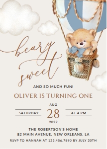 Teddy Bear in Blue Balloon First Birthday Invitation design preview