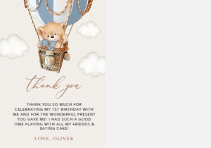 Bear in Blue Balloon Thank You Card With Photo, Boy Birthday, SH80: Teddy Bear in Blue Balloon First Birthday Thank You Card