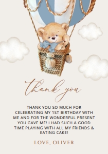 Teddy Bear in Blue Balloon First Birthday Thank You Card design preview