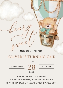 Teddy Bear in Green Balloon First Birthday Invitation design preview