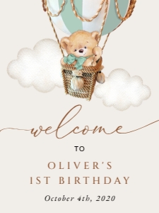 Bear in Green Balloon Welcome Sign, Birthday Sign, Printable File, SH81, 18x24: Teddy Bear in Green Balloon First Birthday Mini Bundle