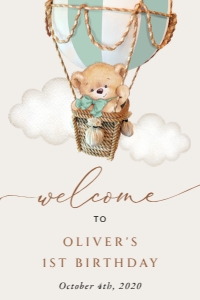 Bear in Green Balloon Welcome Sign, Birthday Sign, Printable File, SH81, 24x36: Teddy Bear in Green Balloon First Birthday Mini Bundle