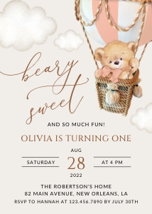Teddy Bear in Pink Balloon First Birthday Invitation design preview