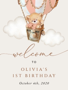 Teddy Bear in Pink Balloon Welcome Sign - First Birthday Sign design preview