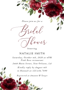 Burgundy Flowers Bridal Shower Invitation, Bridal Shower Stationery, Printable File, SH13: Burgundy Red Flowers Bridal Shower Invitation