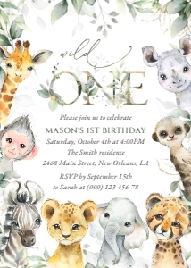 Wild Animals First Birthday Invitation, Boy Birthday, Printable File, SH32: Wild Animals and Greenery First Birthday Invitation
