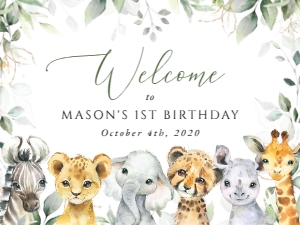 Wild Animals Welcome Sign, Birthday Sign, Printable File, SH32, 18x24: Wild Animals and Greenery Welcome Sign - First Birthday Sign