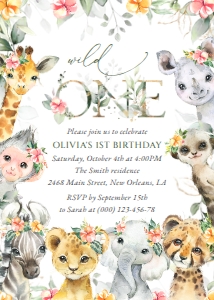 Wild Animals and Hibiscus Flowers First Birthday Invitation design preview