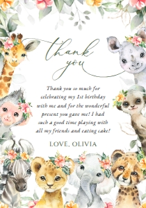 Wild Animals and Hibiscus Flowers First Birthday Thank You Card design preview