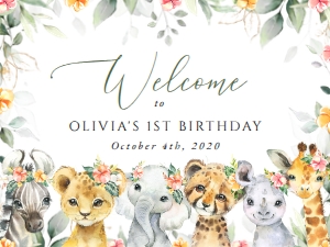 Wild Animals and Hibiscus Flowers First Birthday Welcome Sign design preview