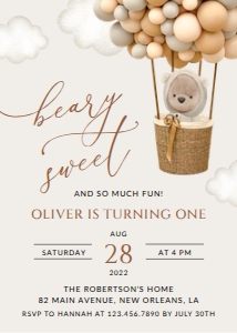 Teddy Bear and Beige Balloons First Birthday Invitation design preview