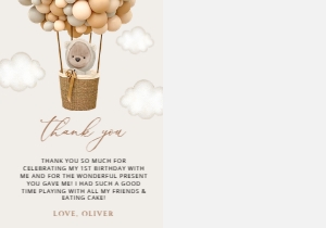 Bear with Beige Balloons Thank You Card With Photo, Boy Birthday, SH85: Teddy Bear and Beige Balloons First Birthday Thank You Card