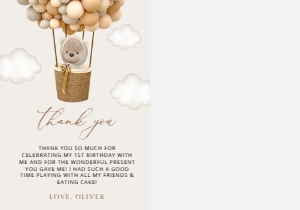 Teddy Bear and Beige Balloons First Birthday Thank You Card design preview