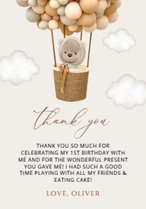 Bear with Beige Balloons Thank You Card, Boy Birthday, SH85: Teddy Bear and Beige Balloons First Birthday Thank You Card