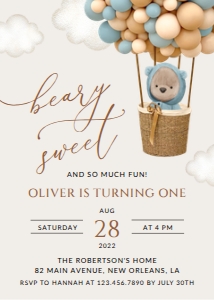 Teddy Bear and Blue Balloons First Birthday Invitation design preview