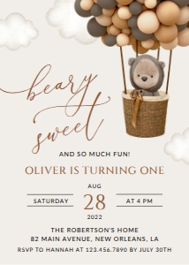 Teddy Bear and Brown Balloons First Birthday Invitation design preview