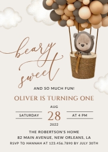 Bear and Brown Balloons First Birthday Invitation, Boy Birthday, Printable File, SH88: Teddy Bear and Brown Balloons First Birthday Invitation