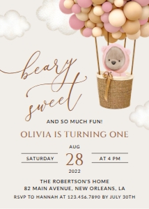 Teddy Bear and Pink Balloons First Birthday Invitation design preview